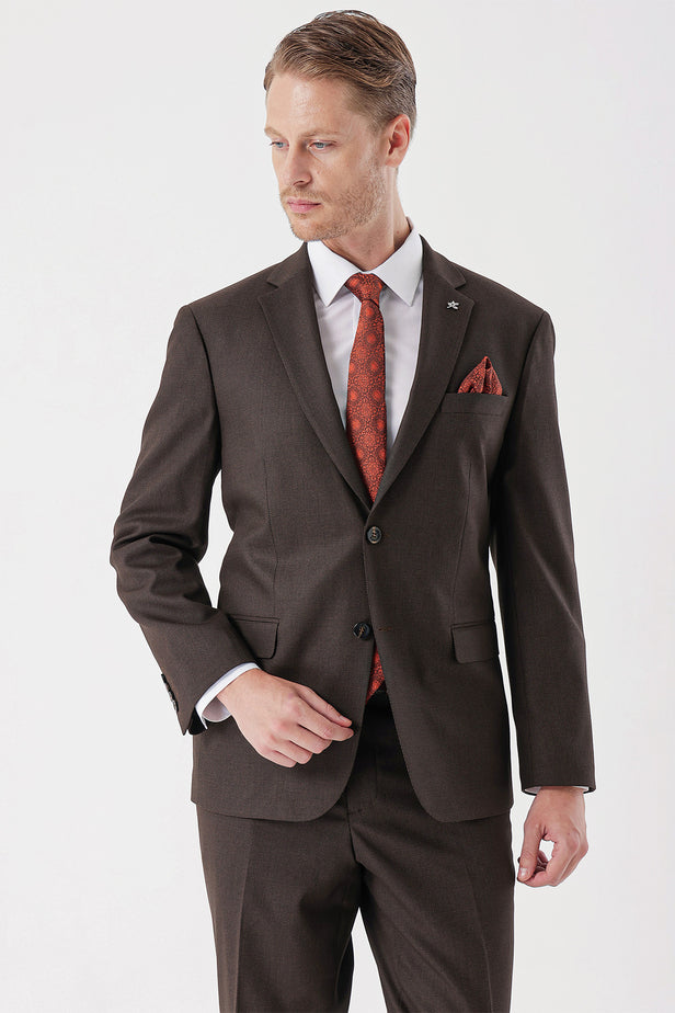 Brown Self-Patterned Armured Notch Lapel 4 Drop Comfort Fit Classic Suit 1001235150