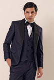 Navy Patterned Shawl Lapel Suit with Vest Slim Fit Tuxedo 1001230203