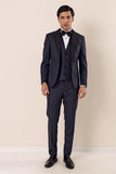 Navy Patterned Shawl Lapel Suit with Vest Slim Fit Tuxedo 1001230203