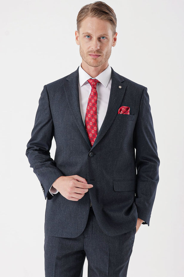 Navy Self-Patterned Notch Lapel Stretch 6 Drop Comfort Fit Classic Suit 1001235153