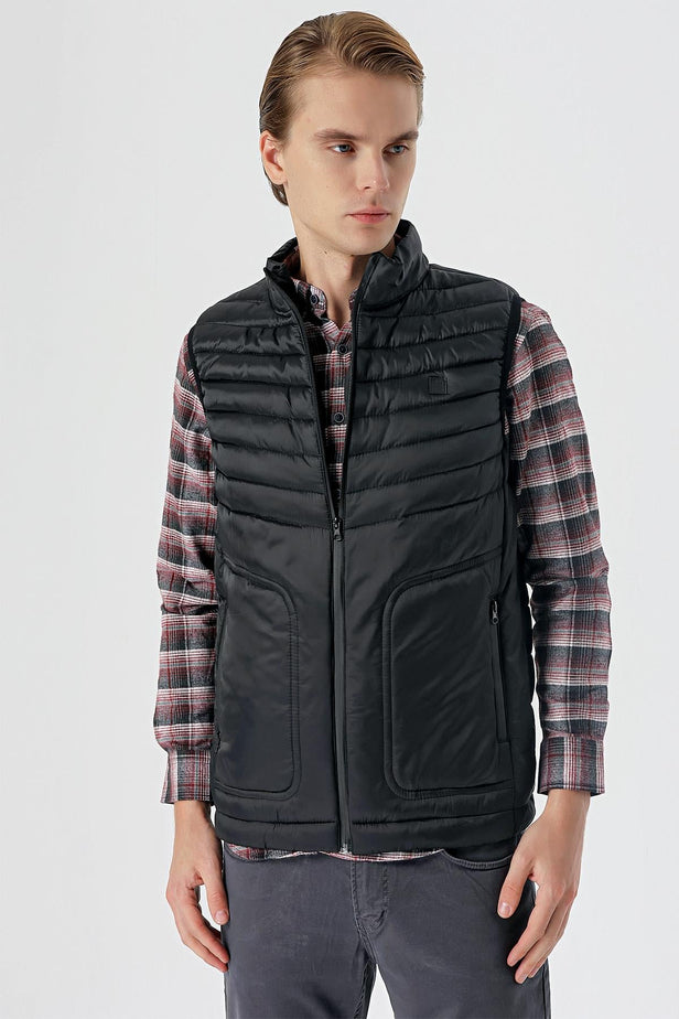 Black Stand Collar Padded Slim Fit Puffer Vest 1009235153