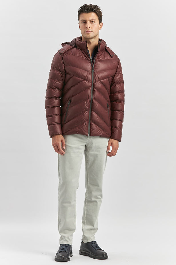 Burgundy Padded Removable Hood Lined Slim Fit Casual Coat 1007245151