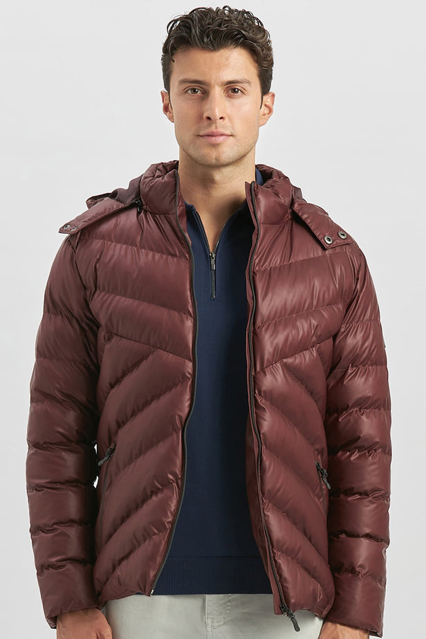 Burgundy Padded Removable Hood Lined Slim Fit Casual Coat 1007245151