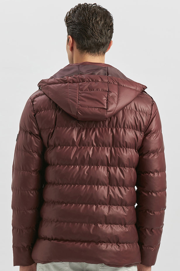 Burgundy Padded Removable Hood Lined Slim Fit Casual Coat 1007245151