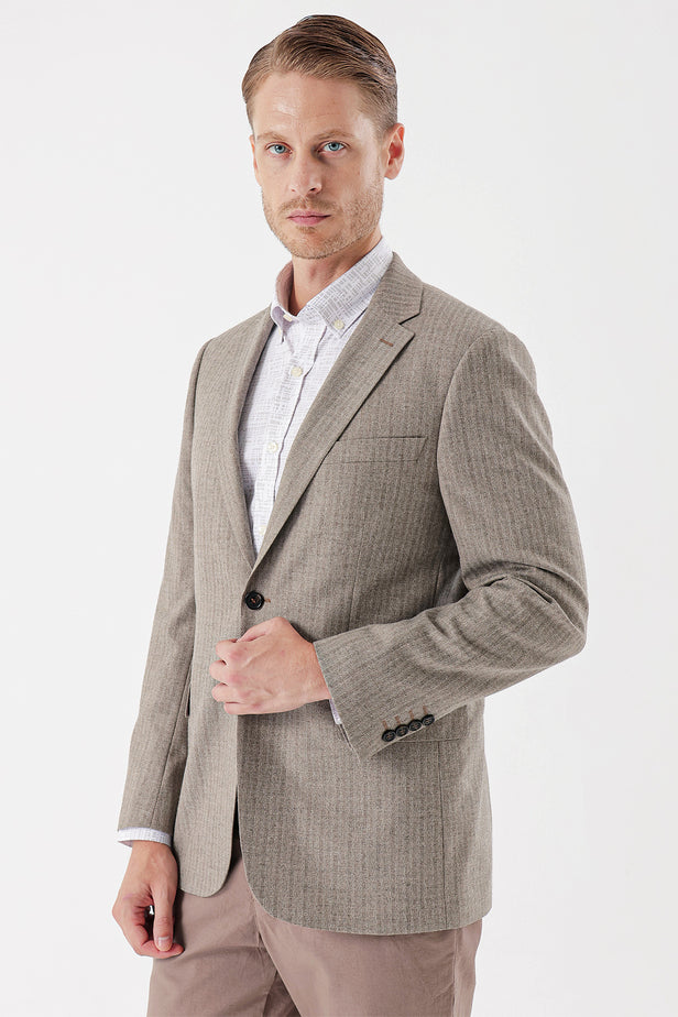 Dark Beige Flannel Notch Lapel Single Vent 6 Drop Comfort Fit Classic Blazer 1002235130