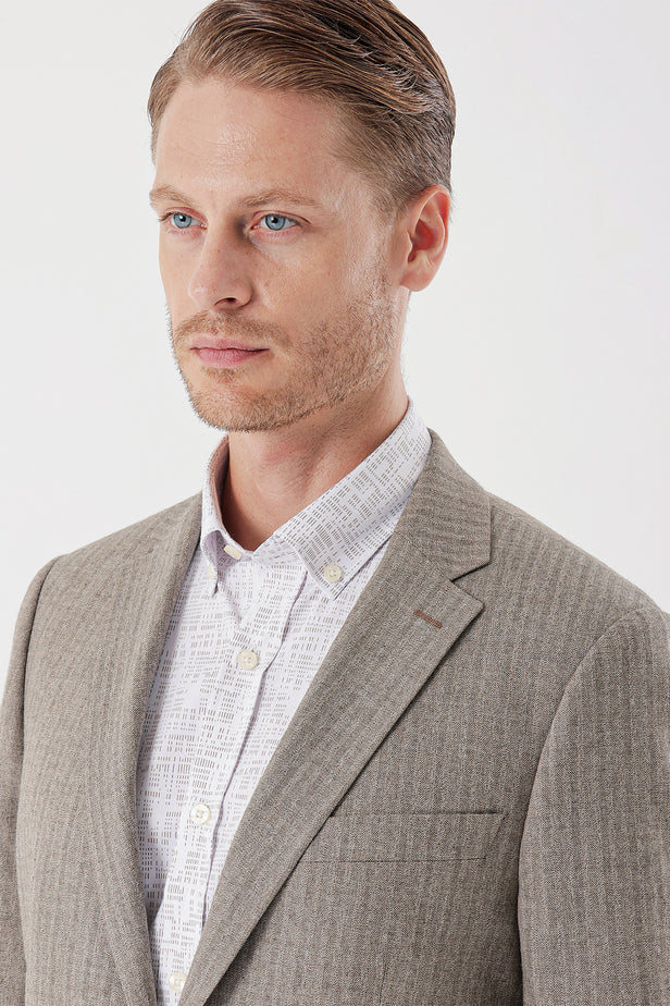 Dark Beige Flannel Notch Lapel Single Vent 6 Drop Comfort Fit Classic Blazer 1002235130