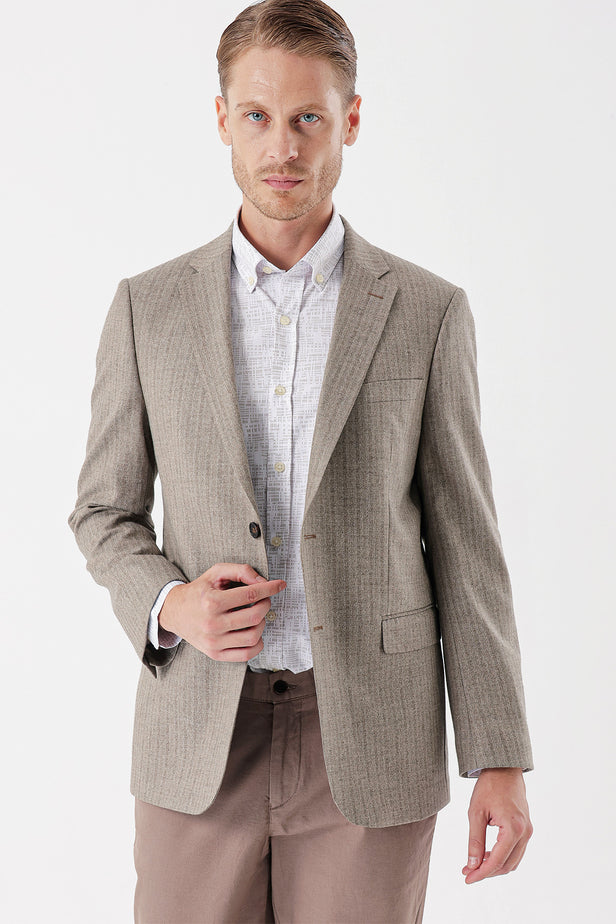 Dark Beige Flannel Notch Lapel Single Vent 6 Drop Comfort Fit Classic Blazer 1002235130