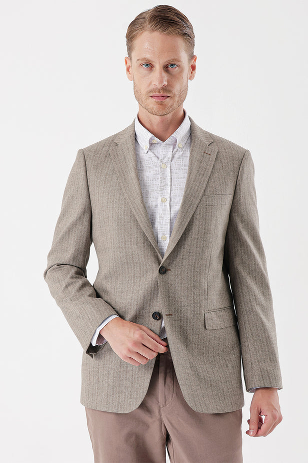 Dark Beige Flannel Notch Lapel Single Vent 6 Drop Comfort Fit Classic Blazer 1002235130