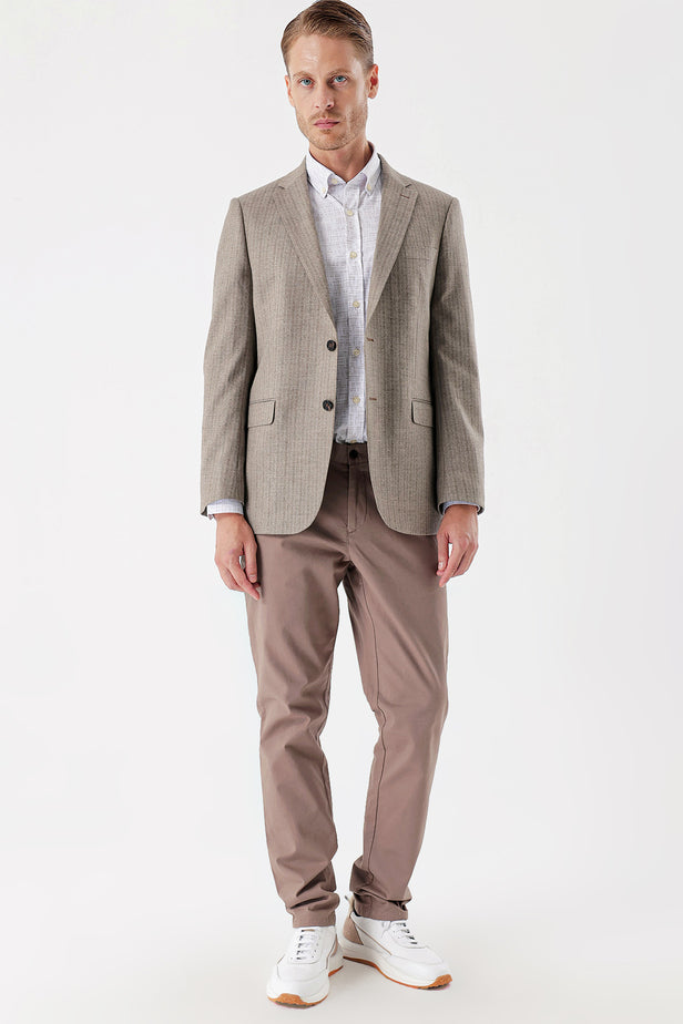 Dark Beige Flannel Notch Lapel Single Vent 6 Drop Comfort Fit Classic Blazer 1002235130