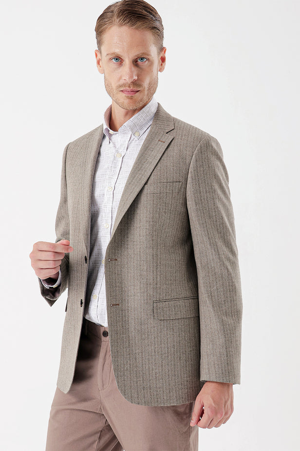 Dark Beige Flannel Notch Lapel Single Vent 6 Drop Comfort Fit Classic Blazer 1002235130