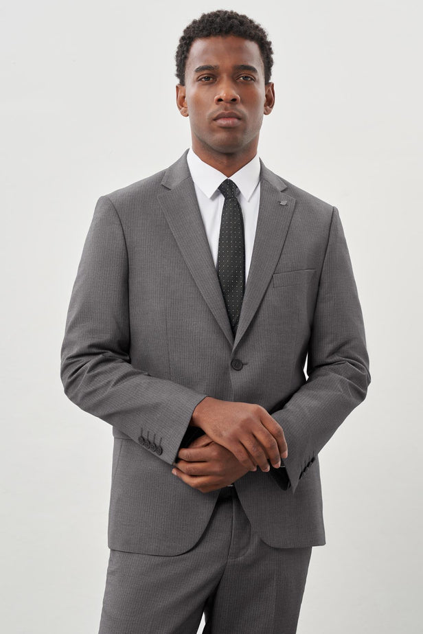 Gray Striped Notch Lapel 6 Drop Comfort Fit Classic Suit 1001245160