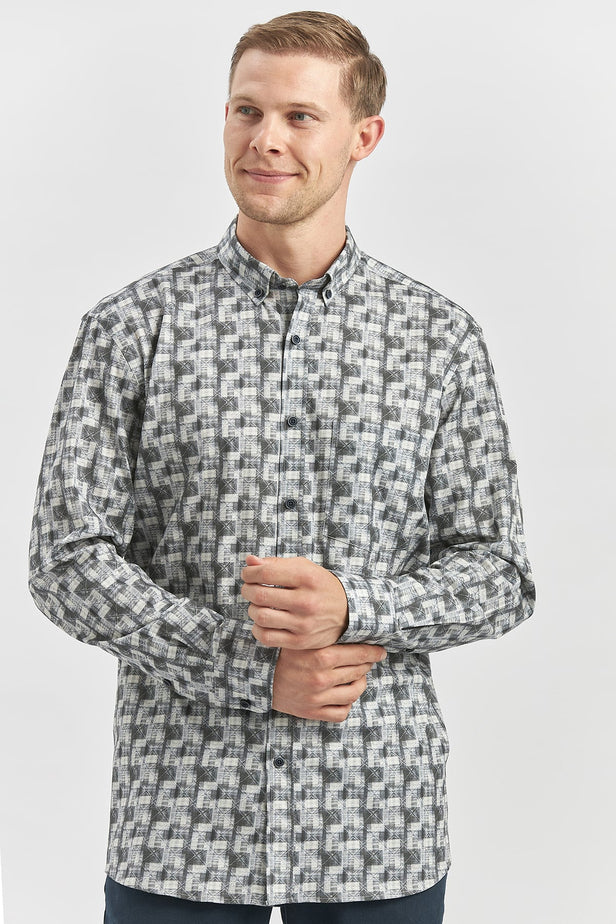 Green Long Sleeve Self Patterned Comfort Fit Shirt 1004240251