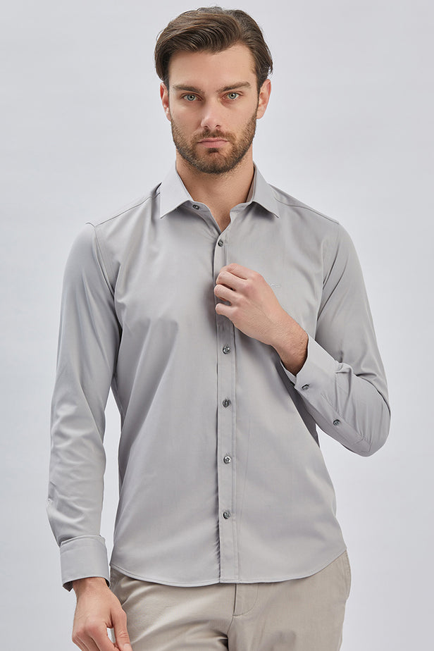 Long Sleeve Hard Collar Pocketless Slim Fit Stretch Shirt 1004240234