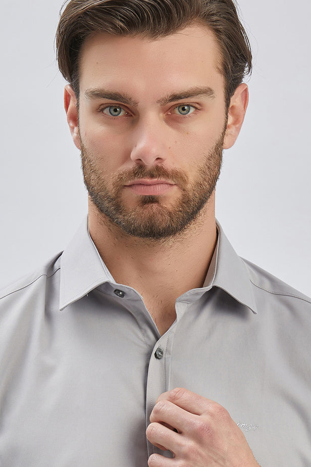 Long Sleeve Hard Collar Pocketless Slim Fit Stretch Shirt 1004240234