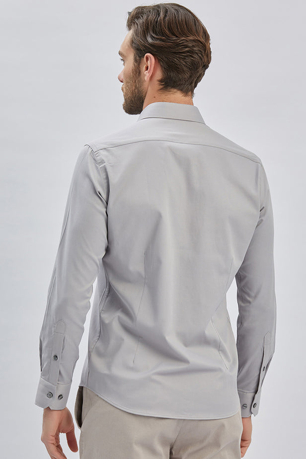 Long Sleeve Hard Collar Pocketless Slim Fit Stretch Shirt 1004240234
