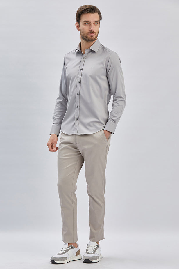 Long Sleeve Hard Collar Pocketless Slim Fit Stretch Shirt 1004240234