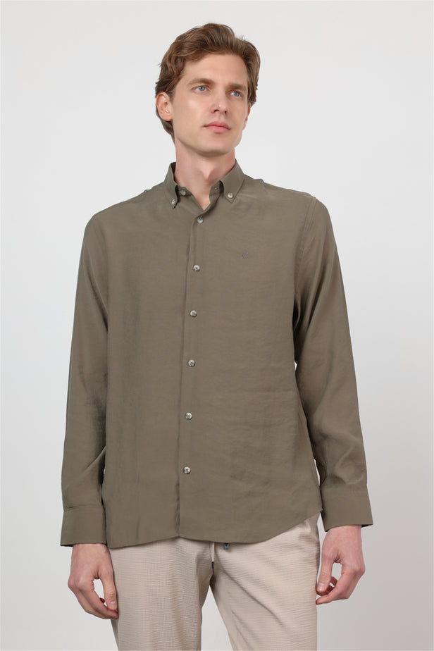 Long Sleeve Button Collar Pocketless Slim Fit Modal Shirt 1004260162