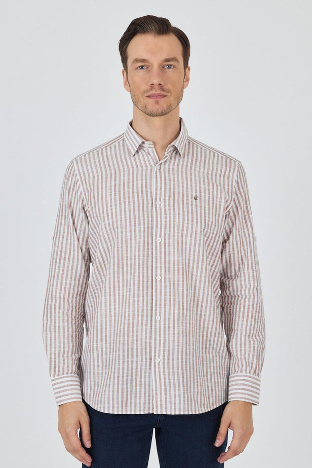 Convertible Sleeve Striped Pocketless Comfort Fit Cotton Shirt 1004250128