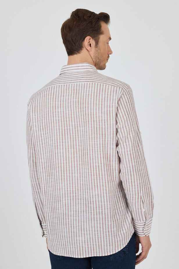 Convertible Sleeve Striped Pocketless Comfort Fit Cotton Shirt 1004250128