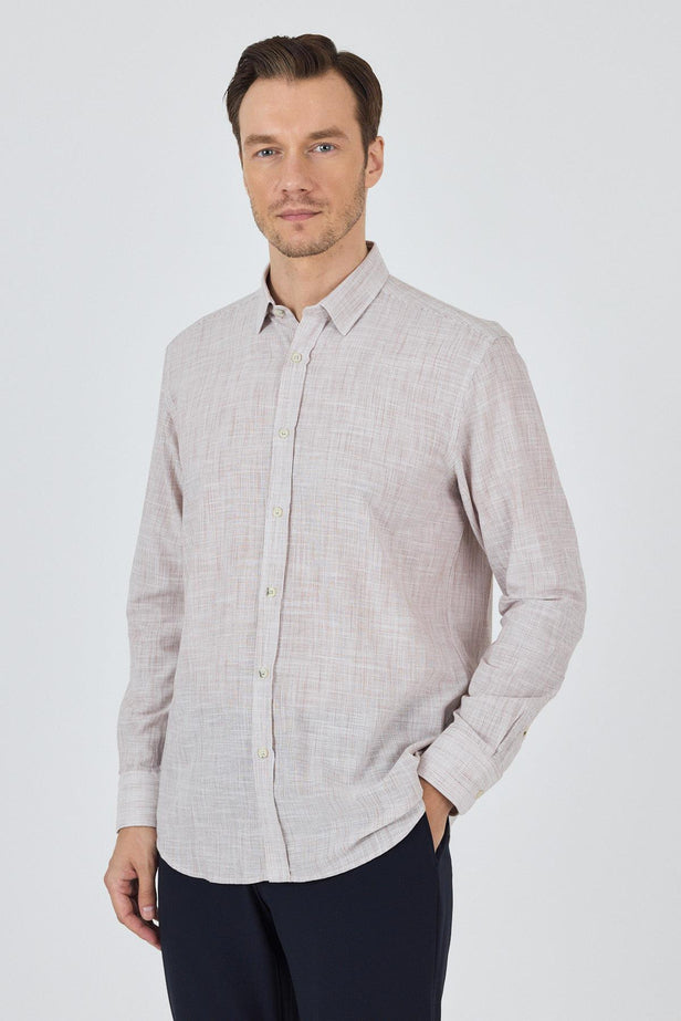 Dark Brown Long Sleeve Striped Pocketless Comfort Fit Cotton Shirt 1004250127