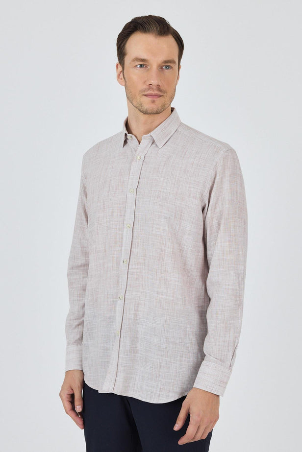 Dark Brown Long Sleeve Striped Pocketless Comfort Fit Cotton Shirt 1004250127