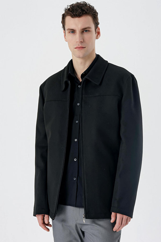 Black Felt Baby Collar Lined Big Size Comfort Fit Casual Coat 1007235255