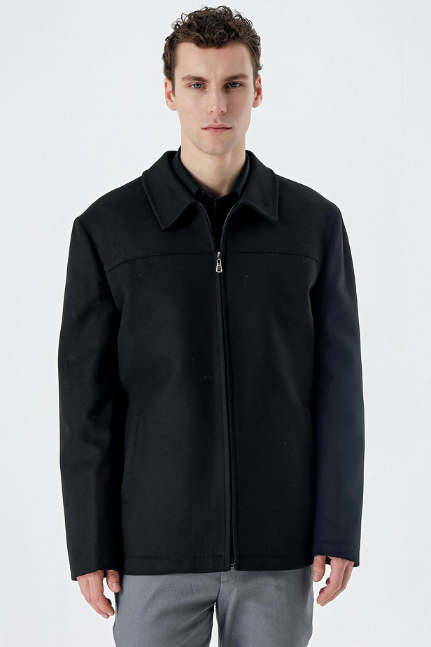 Black Felt Baby Collar Lined Big Size Comfort Fit Casual Coat 1007235255