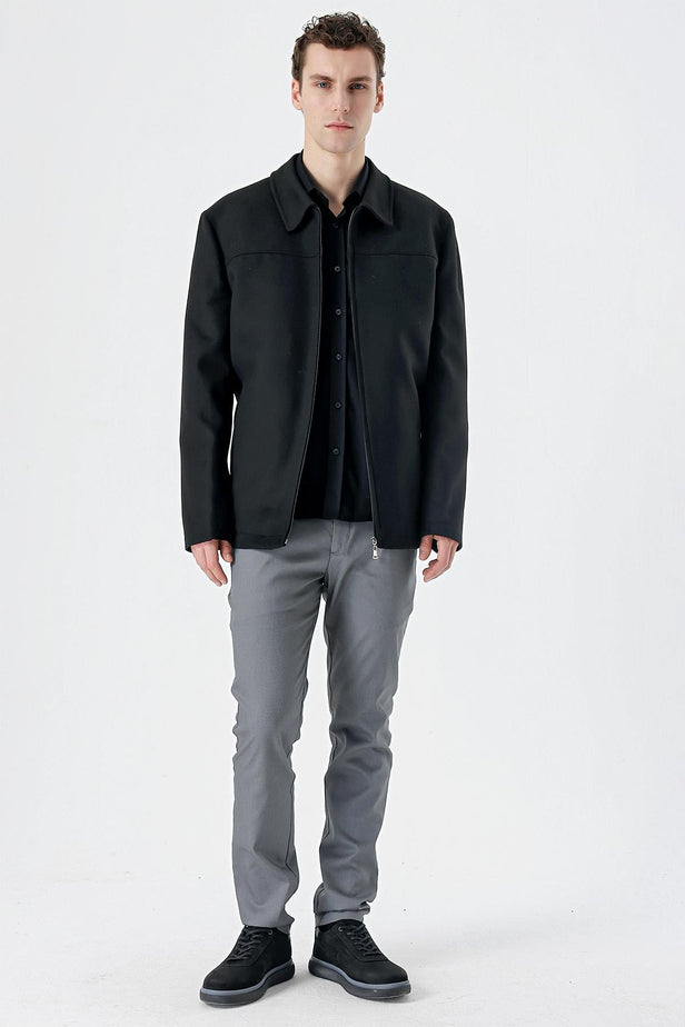 Black Felt Baby Collar Lined Big Size Comfort Fit Casual Coat 1007235255