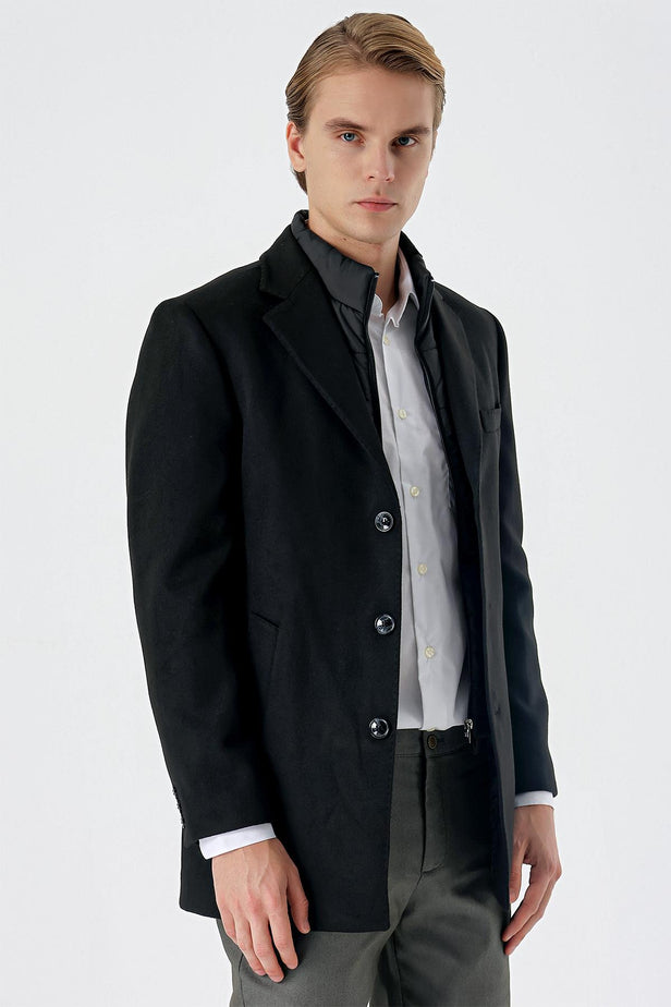 Felt Notch Lapel Quilted-Lined Slim Fit Classic Long Coat 1008235167