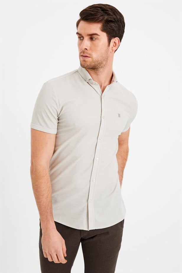 Beige Short Sleeve Button-Down Collar Trim Slim Fit Linen Blend Shirt 1004240242