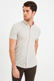 Beige Short Sleeve Button-Down Collar Trim Slim Fit Linen Blend Shirt 1004240242