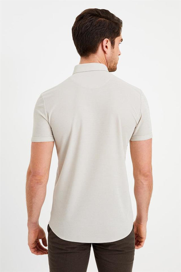 Beige Short Sleeve Button-Down Collar Trim Slim Fit Linen Blend Shirt 1004240242