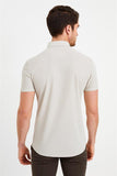 Beige Short Sleeve Button-Down Collar Trim Slim Fit Linen Blend Shirt 1004240242