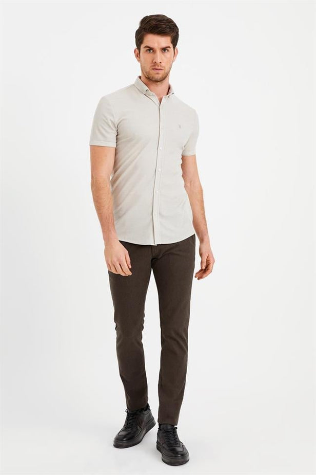 Beige Short Sleeve Button-Down Collar Trim Slim Fit Linen Blend Shirt 1004240242