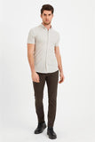Beige Short Sleeve Button-Down Collar Trim Slim Fit Linen Blend Shirt 1004240242