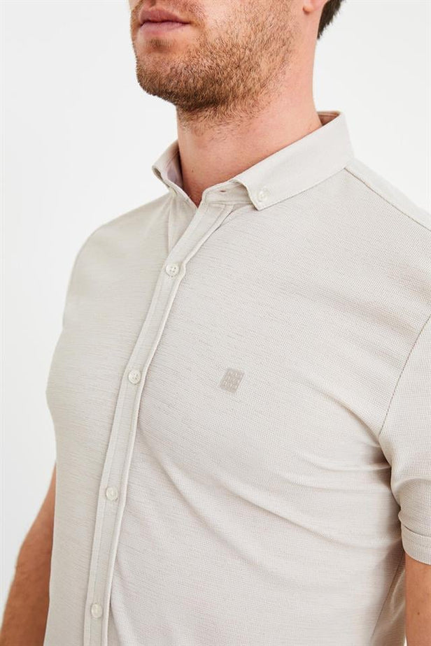 Beige Short Sleeve Button-Down Collar Trim Slim Fit Linen Blend Shirt 1004240242