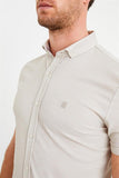 Beige Short Sleeve Button-Down Collar Trim Slim Fit Linen Blend Shirt 1004240242