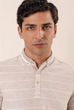 Stone Beige Short Sleeve Striped Textured Slim Fit T-Shirt 1011230167