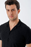 Black Short Sleeve Patterned Jacquard Cuban Collar Pocketless Slim Fit Casual Shirt 1004230150