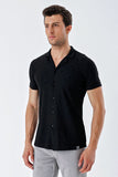 Black Short Sleeve Patterned Jacquard Cuban Collar Pocketless Slim Fit Casual Shirt 1004230150