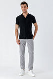 Black Short Sleeve Patterned Jacquard Cuban Collar Pocketless Slim Fit Casual Shirt 1004230150