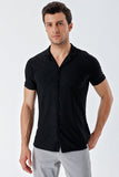 Black Short Sleeve Patterned Jacquard Cuban Collar Pocketless Slim Fit Casual Shirt 1004230150