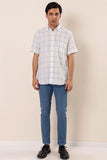 Blue Short Sleeve Checked Button Collar Pocket Cotton Comfort Fit Classic Shirt 1004230173