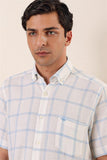 Blue Short Sleeve Checked Button Collar Pocket Cotton Comfort Fit Classic Shirt 1004230173