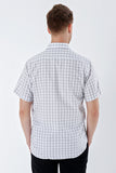 Short Sleeve Checked Stiff Collar Pocket Cotton Classic Comfort Fit Shirt 1004230206