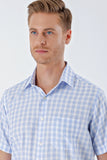 Short Sleeve Checked Stiff Collar Pocket Cotton Classic Comfort Fit Shirt 1004230206