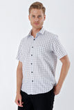 Short Sleeve Checked Stiff Collar Pocket Cotton Classic Comfort Fit Shirt 1004230206