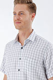Short Sleeve Checked Stiff Collar Pocket Cotton Classic Comfort Fit Shirt 1004230206