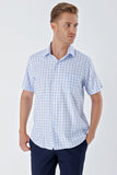 Short Sleeve Checked Stiff Collar Pocket Cotton Classic Comfort Fit Shirt 1004230206