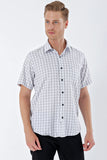 Short Sleeve Checked Stiff Collar Pocket Cotton Classic Comfort Fit Shirt 1004230206
